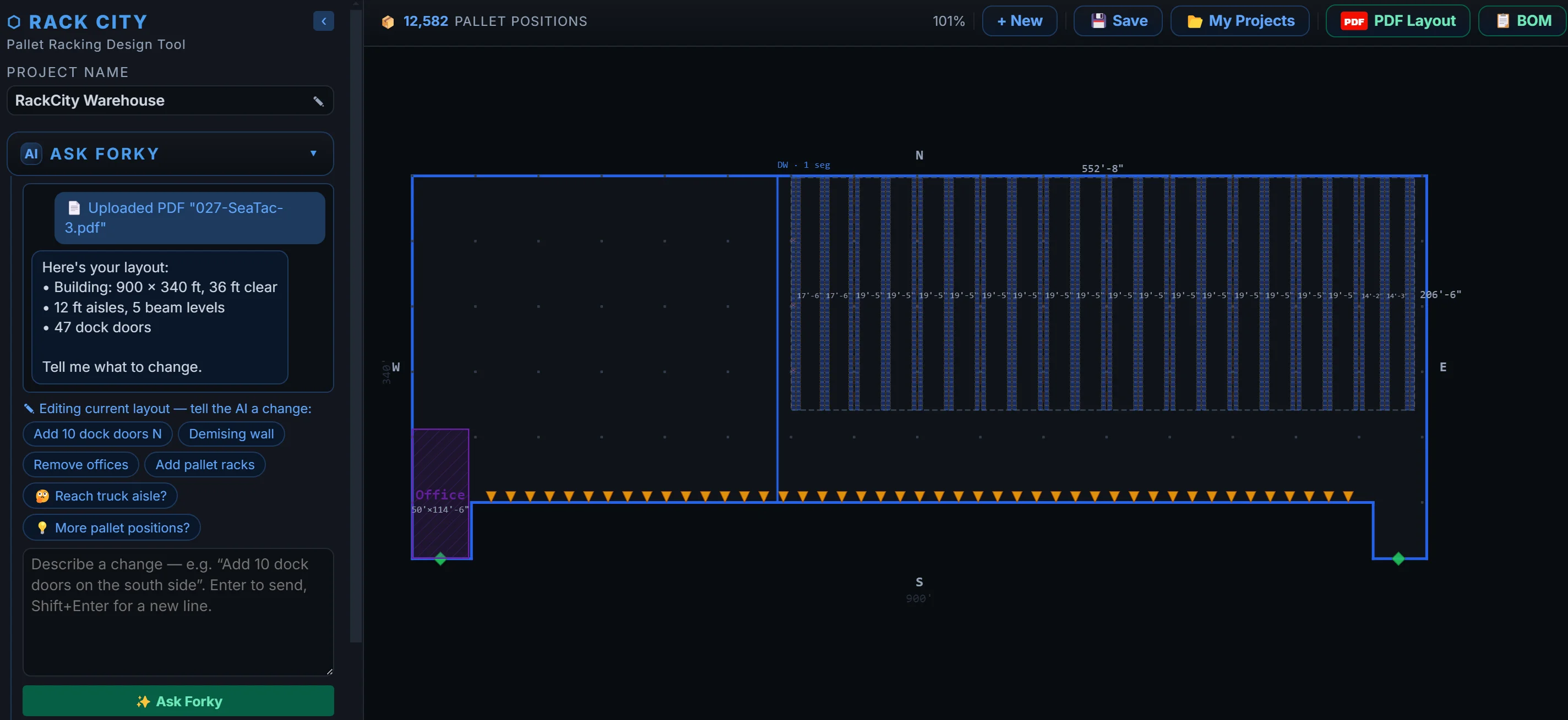 RackCity app screenshot: AI chat panel and a live warehouse rack layout with pallet position count
