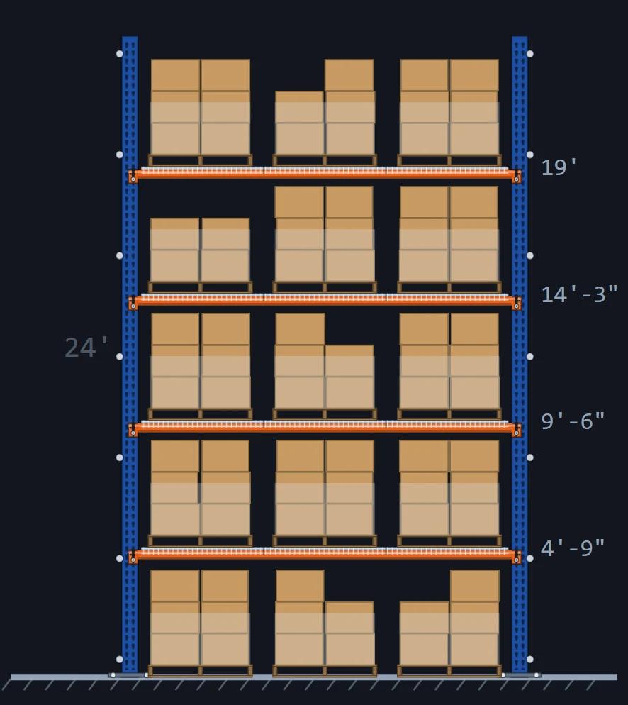 Pallet rack elevation drawing: 24 ft bolted upright frame in blue, 12 ft beams holding three pallets per level, four beam levels plus the floor, wire decks