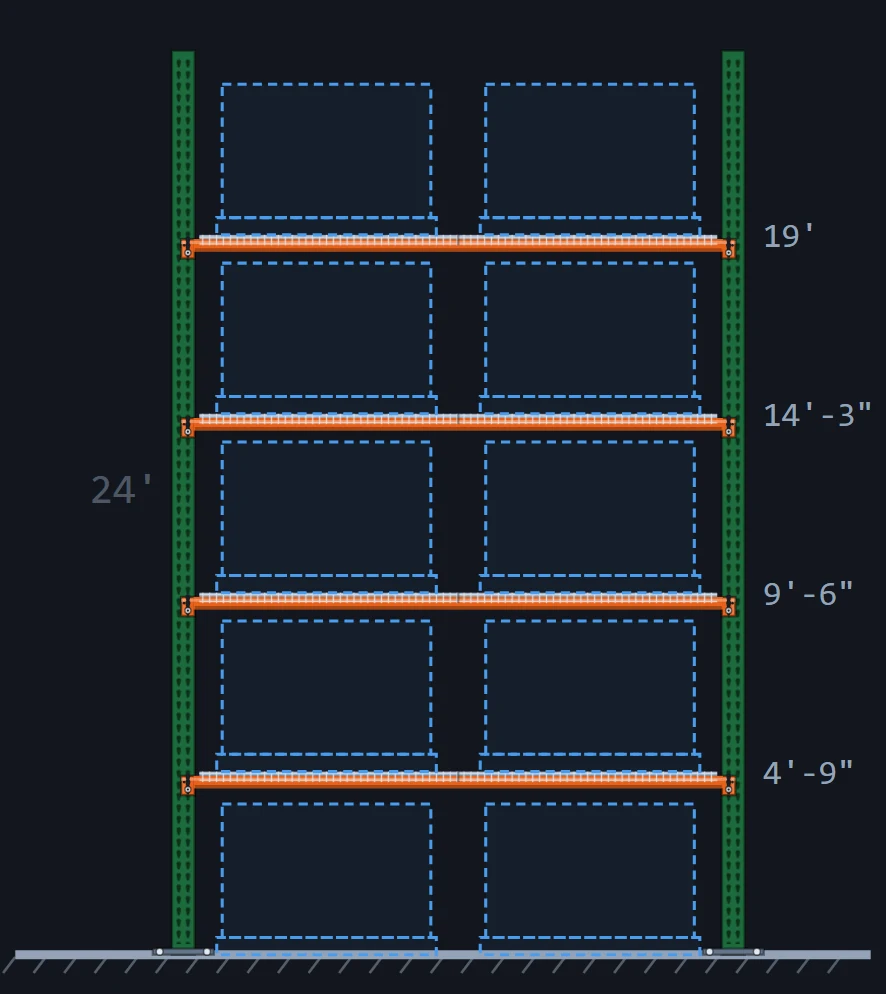 Pallet rack elevation drawing with loads shown as dashed outlines: 24 ft welded frame, four beam levels with wire decks, pallet envelopes drawn for clearance checking