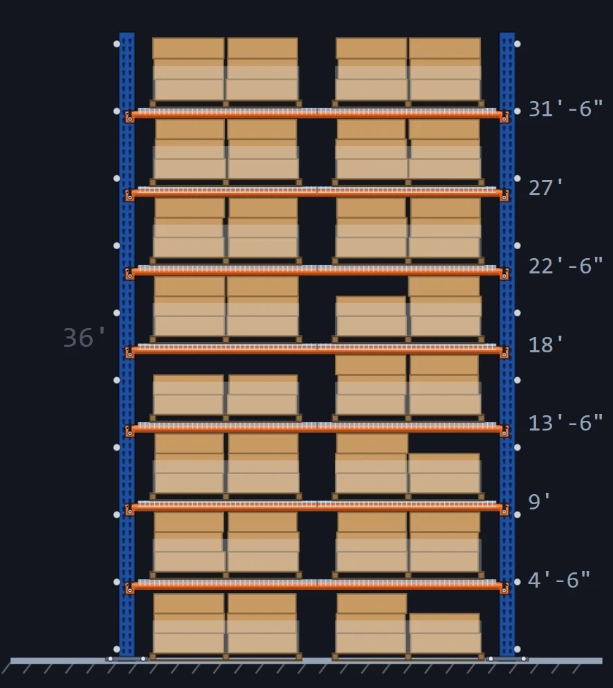 High-bay pallet rack elevation drawing: 36 ft bolted frame with seven beam levels of pallets over the floor, heights labelled to 31'-6