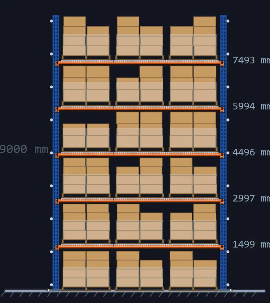 Metric pallet rack elevation drawing: 9000 mm bolted frame, 3300 mm beams holding three 1000 by 1200 mm industrial pallets per level, five beam levels labelled in millimetres