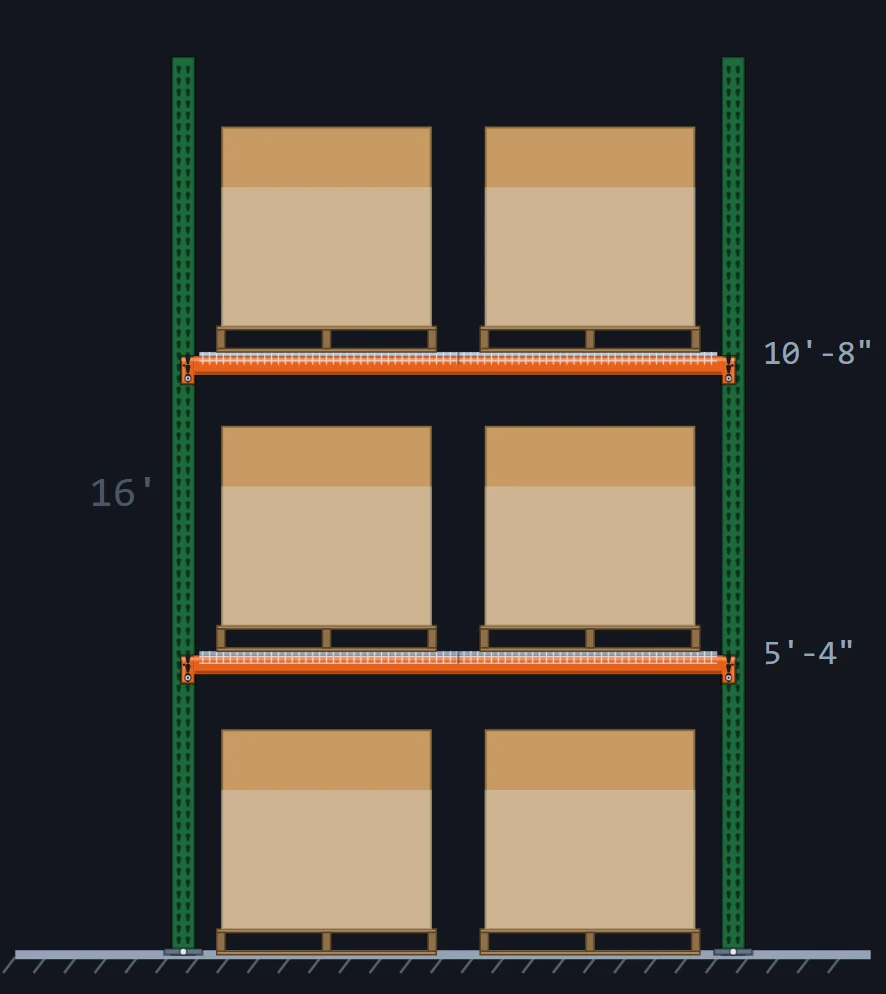 Low pallet rack elevation drawing: 16 ft welded frame with two beam levels at 5'-4 and 10'-8 over the floor, solid pallet loads