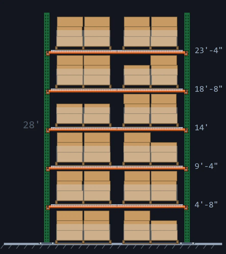 Pallet rack elevation drawing: 28 ft welded upright frame, five orange beam levels at 4'-8, 9'-4, 14', 18'-8 and 23'-4, two 48 in pallets of cartons per level plus the floor position, wire decks