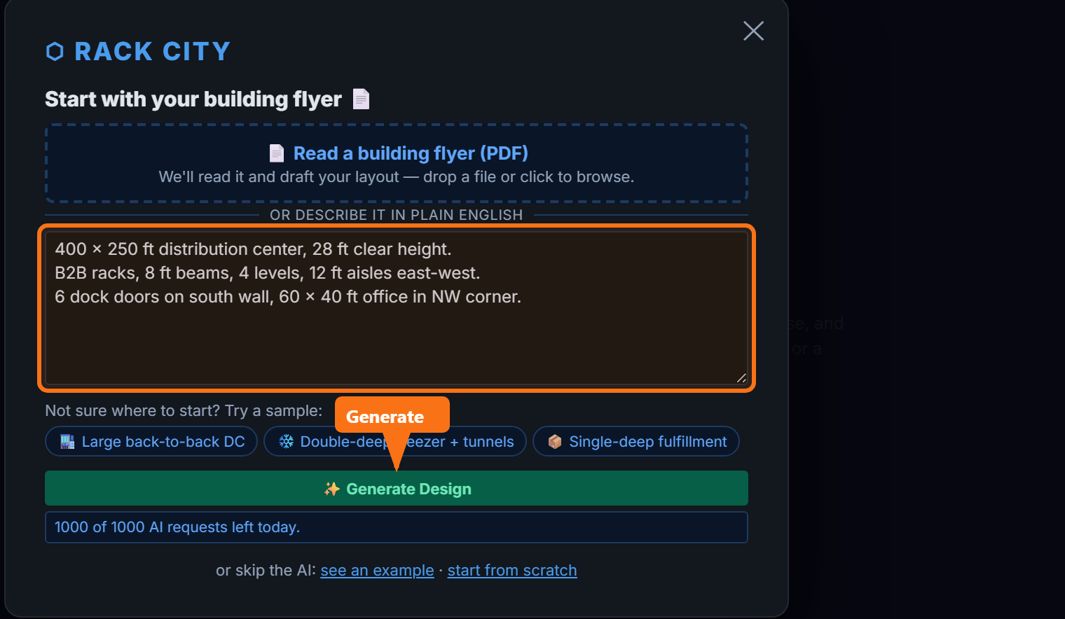 RackCity AI text prompt field with a warehouse description typed in, and the resulting auto-generated rack layout visible on the canvas