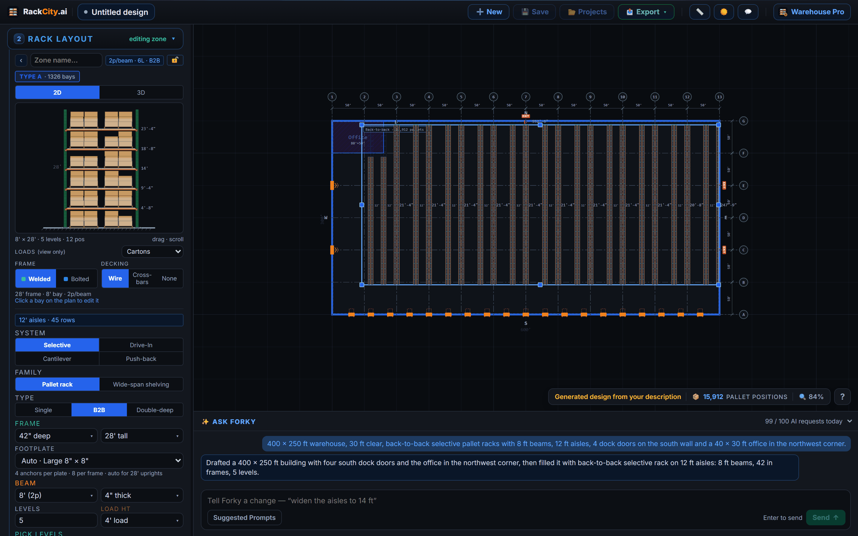 RackCity AI text prompt with a plain-English warehouse description and the resulting auto-generated pallet rack layout