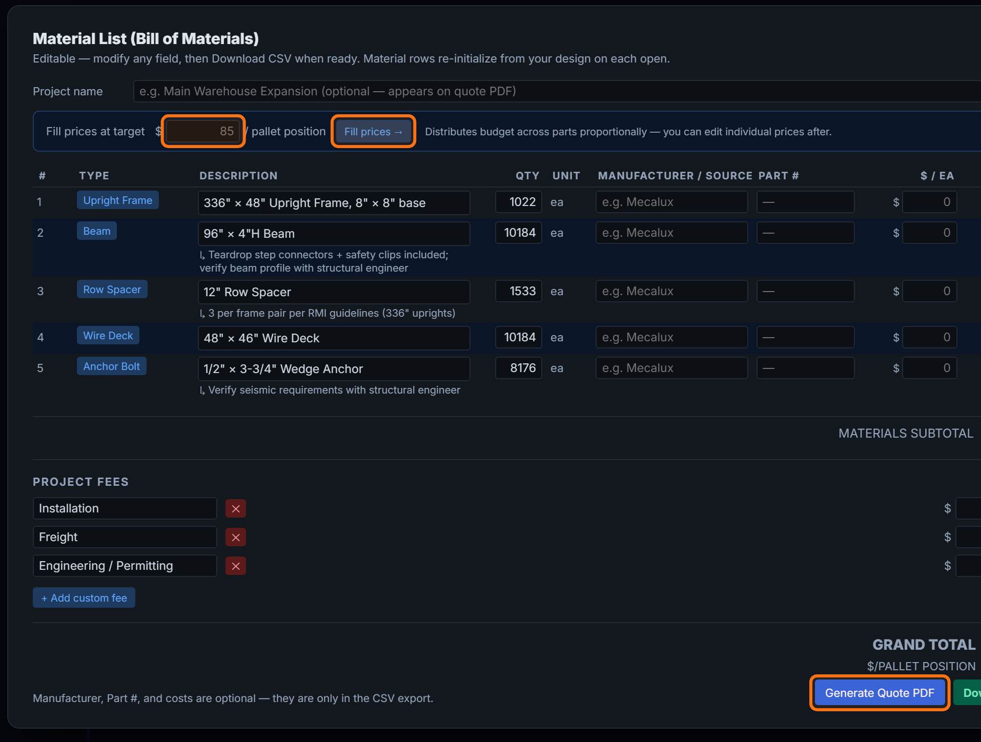 RackCity BOM modal showing a material list with upright frames, beams, wire decks, row spacers, and anchor bolts with unit costs and grand total