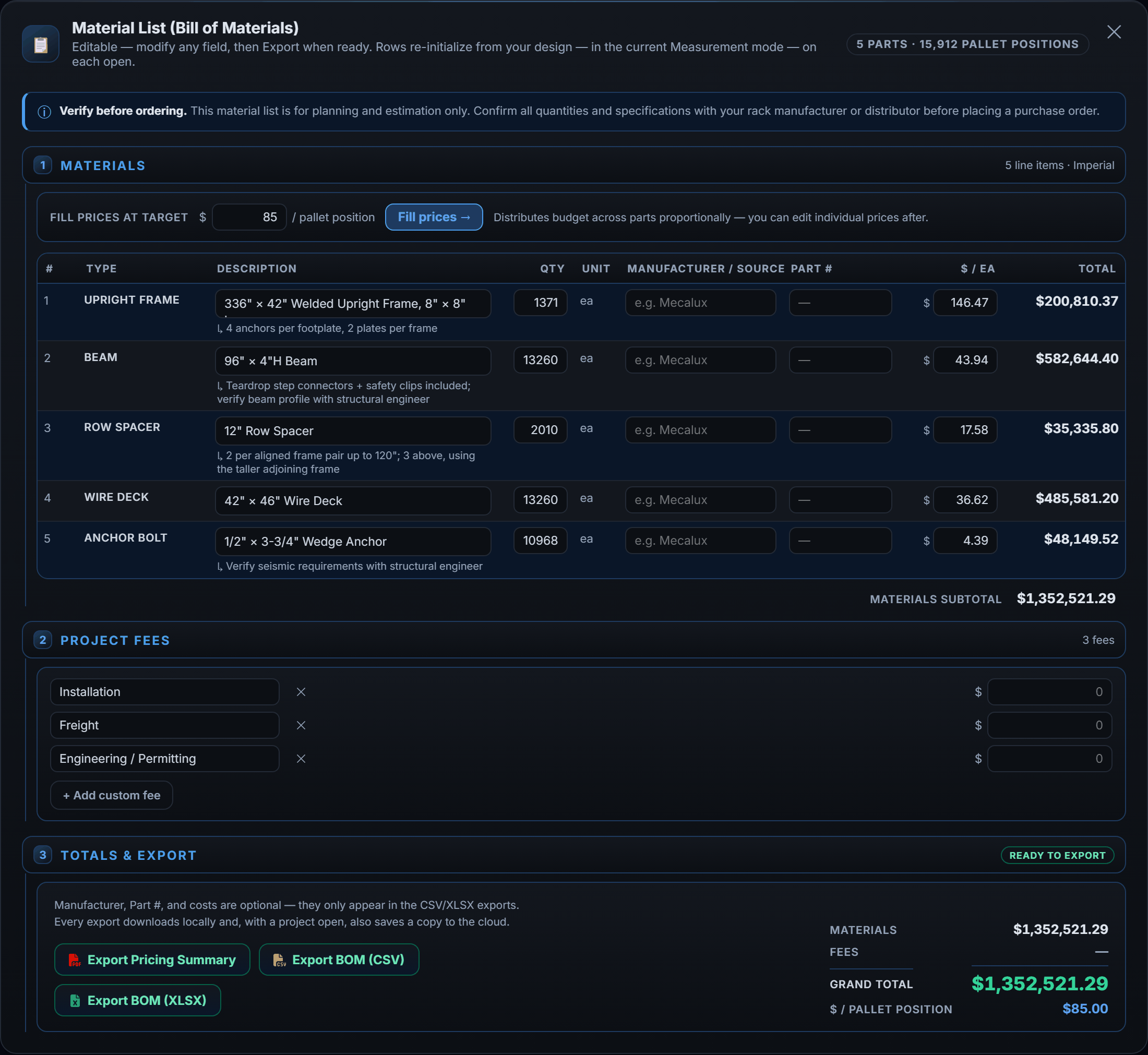 RackCity AI BOM editor showing material quantities, unit costs, fee rows, grand total, and dollar-per-pallet-position