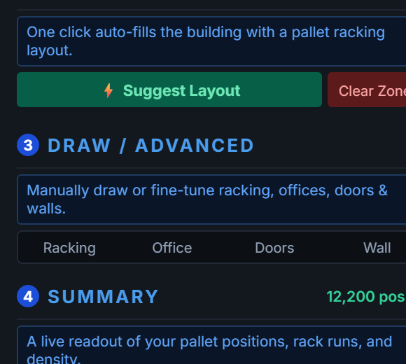 RackCity building dimensions panel showing width, length, and clear height fields