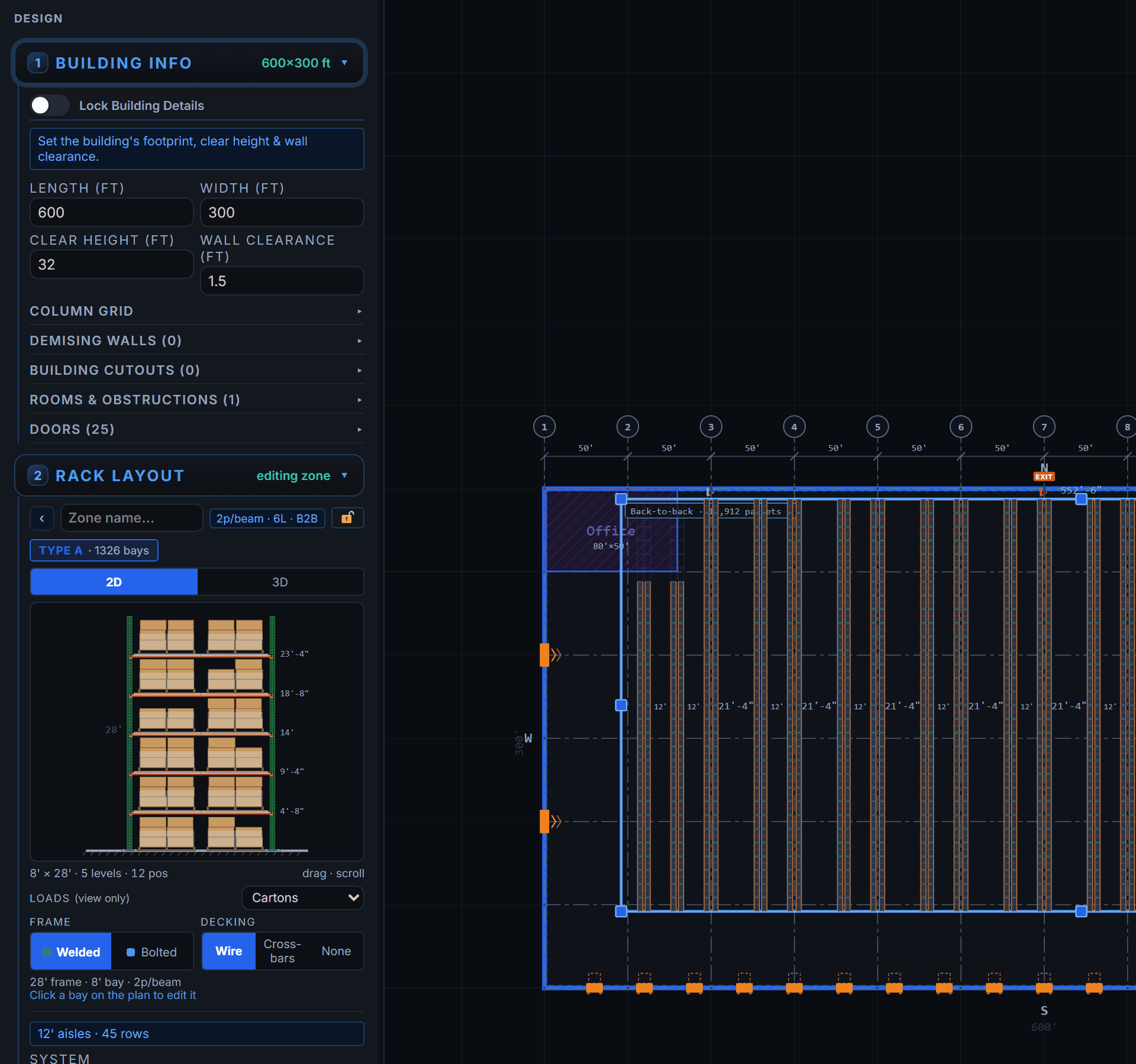RackCity AI building dimensions sidebar with width, length, and clear height fields beside a canvas showing the building outline