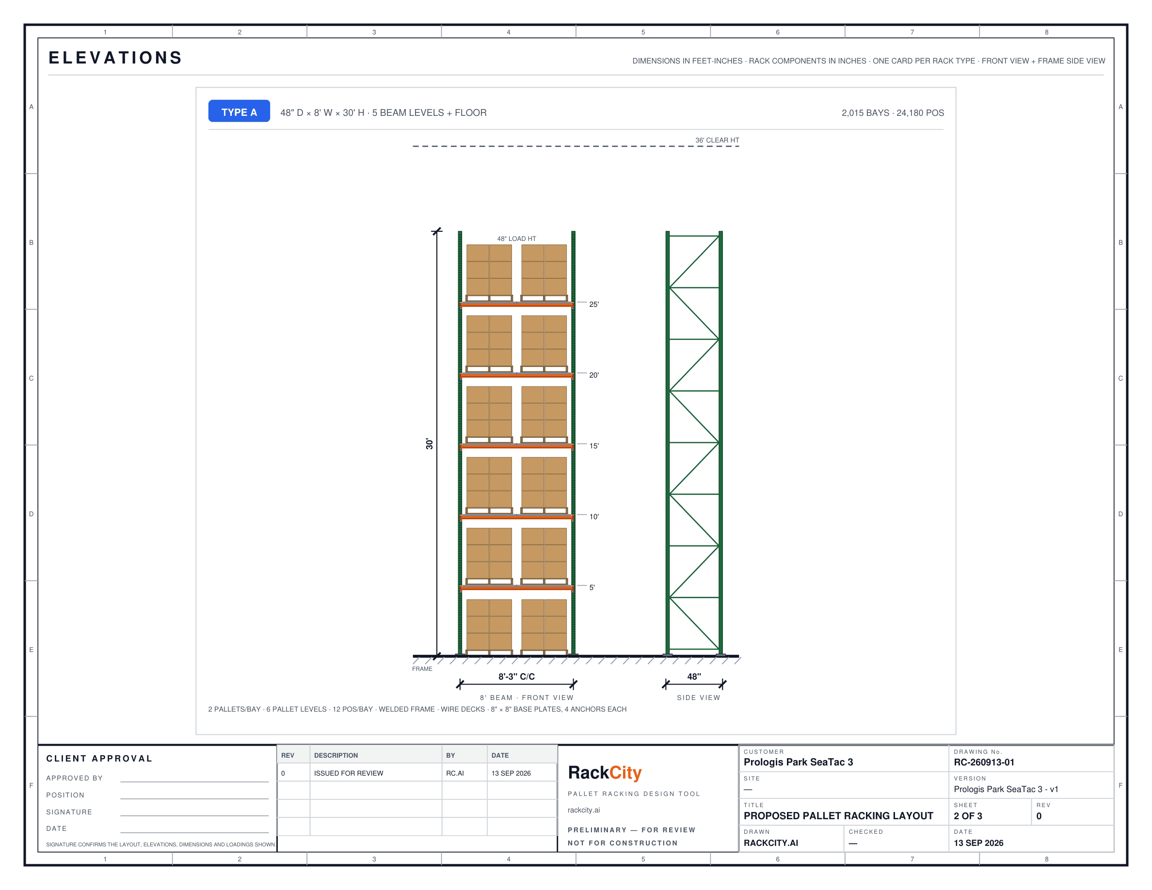 An elevation sheet from a RackCity AI Layout PDF: a 48 inch deep, 8 ft wide, 30 ft high selective bay drawn to scale with five beam levels of pallets and carton stacks, cumulative beam heights, a clear-height line, the frame side view with bracing, and the footplate and anchor spec