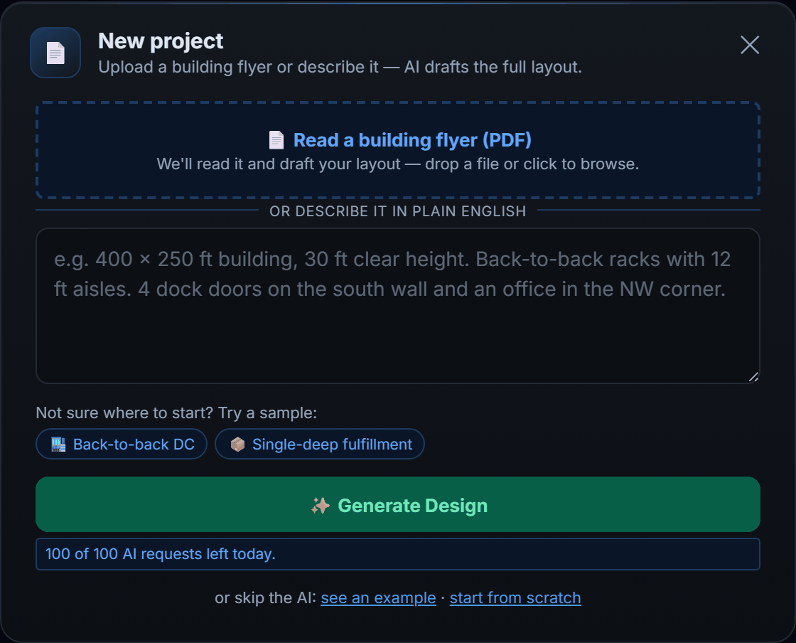 RackCity AI's New project screen: drop a building flyer or a photo of a plan, or describe the warehouse in plain English, and AI drafts the full rack layout