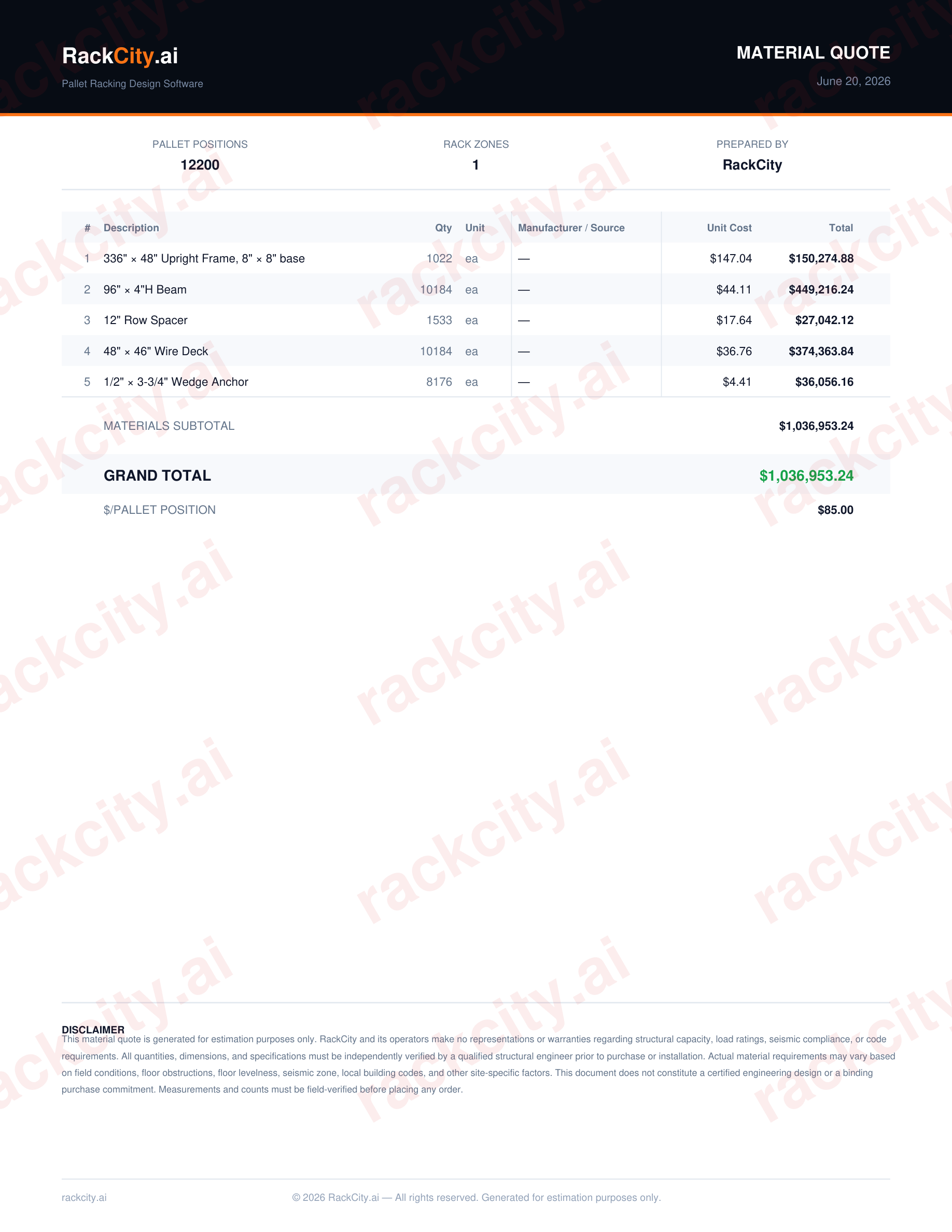 RackCity Quote PDF showing itemized BOM with component quantities, unit costs, fees, and grand total