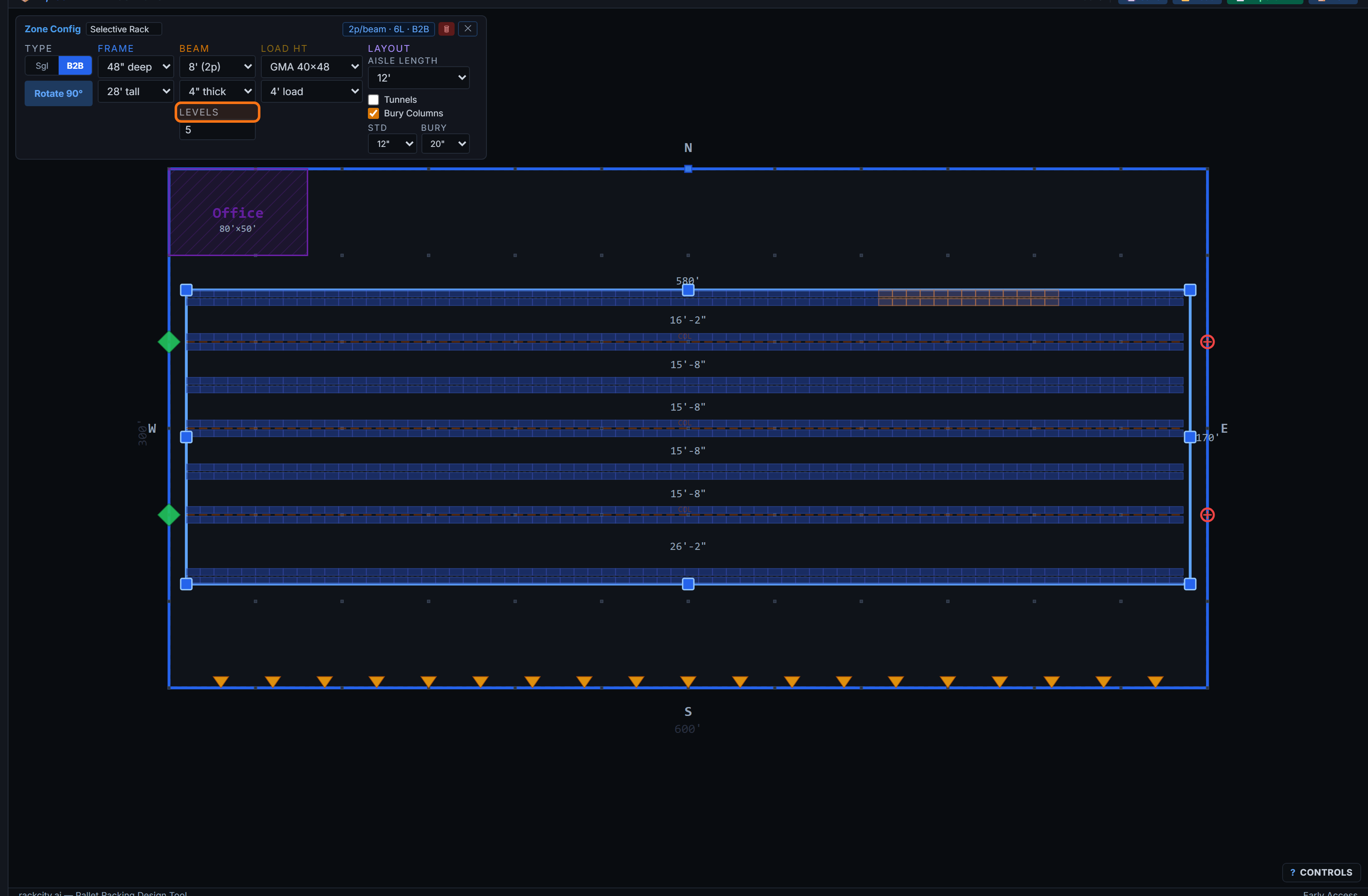 RackCity zone configuration panel showing rack type selector, beam length, beam levels, upright height, and aisle width settings
