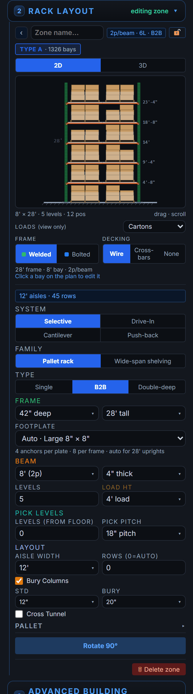 RackCity AI rack configuration sidebar showing beam length, beam levels, upright height, and pallet height fields