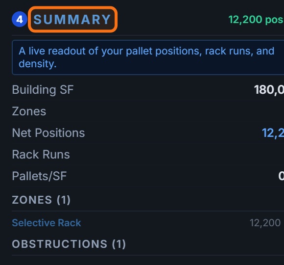 RackCity sidebar Summary panel showing total net pallet positions and per-zone breakdown