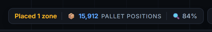 The live total pallet position count in the RackCity AI canvas status bar, beside the layout density