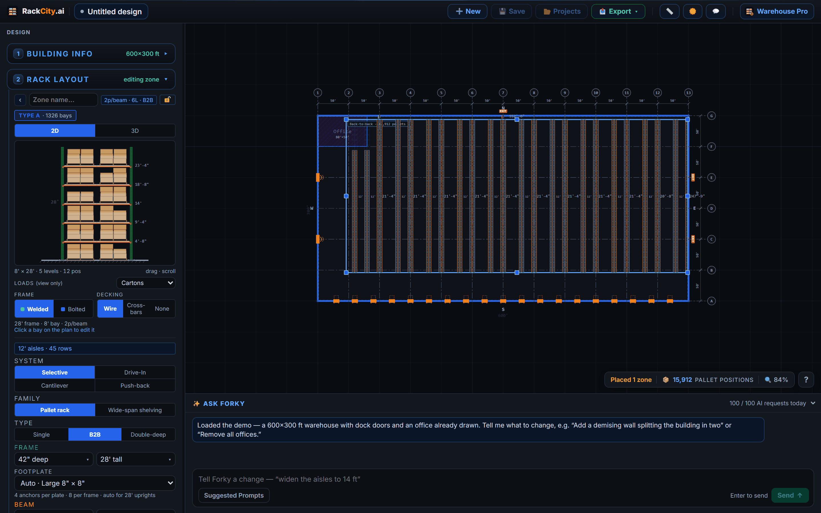 The RackCity AI canvas showing a warehouse footprint filled with back-to-back pallet rack zones and live pallet position counts