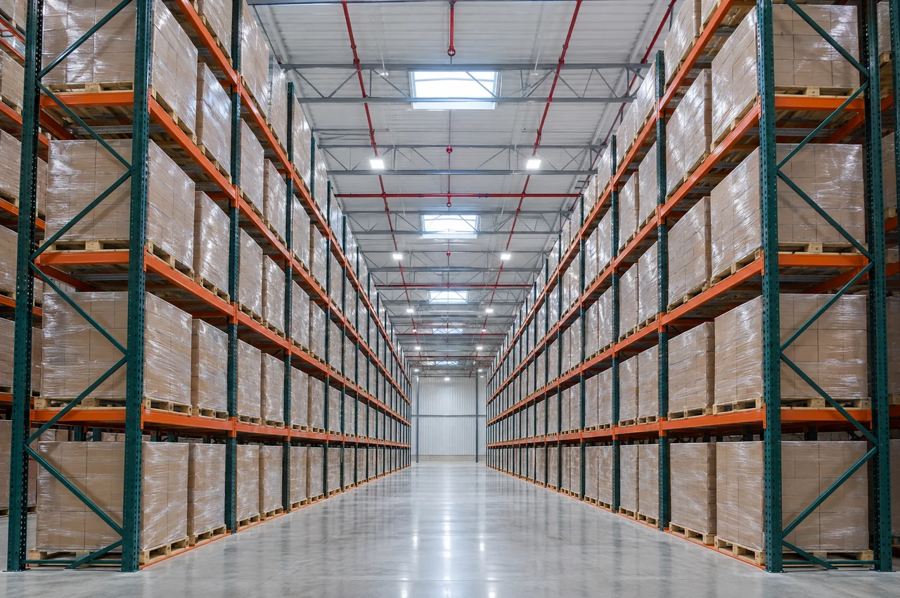 Looking down an aisle of five-level selective pallet racking loaded with shrink-wrapped cartons, with red sprinkler pipes and sprinkler heads under the roof deck above