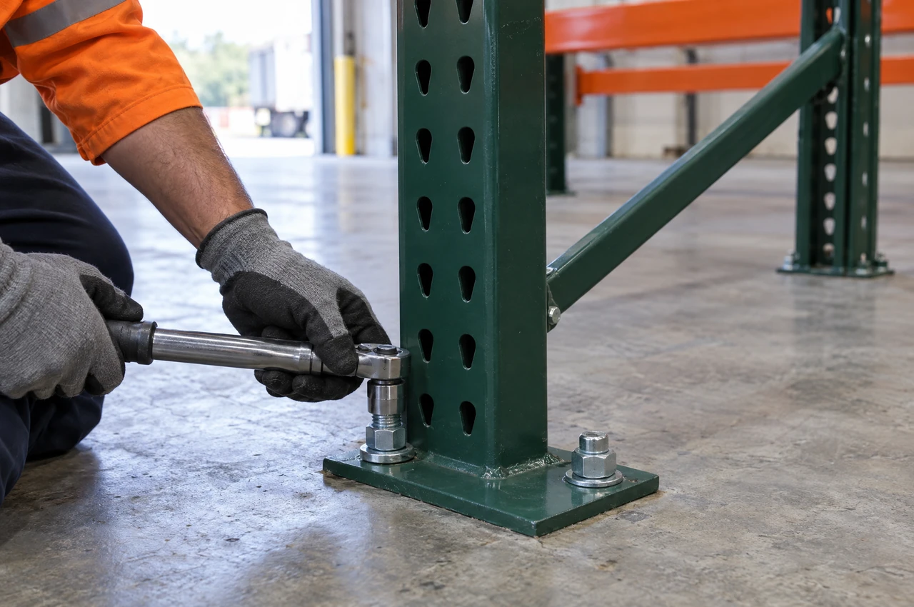The base of a green pallet rack upright with teardrop punching, its footplate fastened to the concrete slab with two anchor bolts, one being tightened with a torque wrench