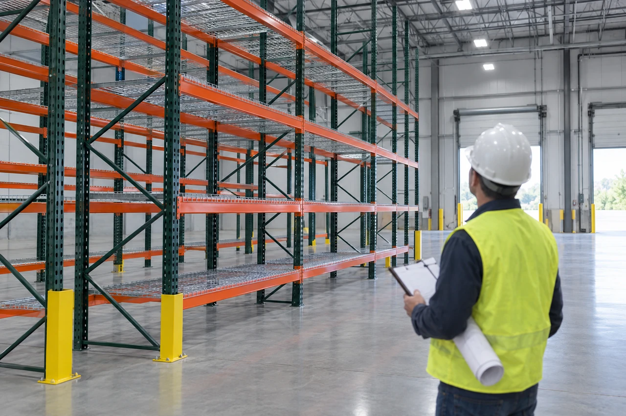 A building inspector in a hard hat and hi-vis vest, holding a clipboard and rolled drawings, looking up at newly installed empty pallet racking with wire decks and yellow column guards