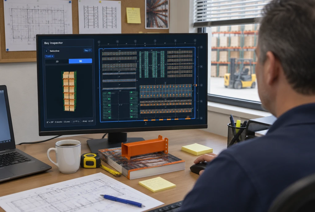 A rack dealer at a desk with a warehouse racking layout on the monitor, a printed building floor plan beside the keyboard and rack elevation drawings pinned to the wall