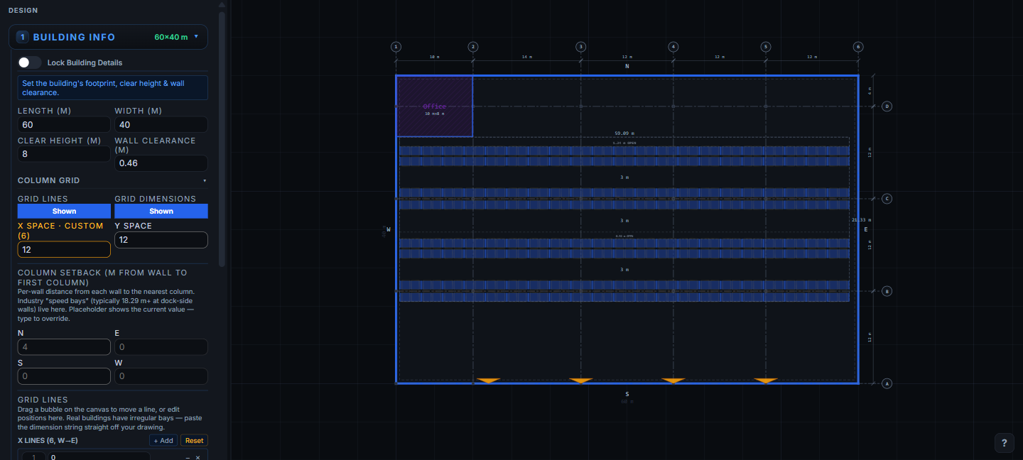 The RackCity column grid editor in the Building Info panel with X lines at 0, 10, 24, 36, 48 and 60 m producing irregular 10 m, 14 m and 12 m bays on the canvas, beside a 60 × 40 m warehouse with a walled office in the north-west corner and three back-to-back rack runs at 3 m aisles