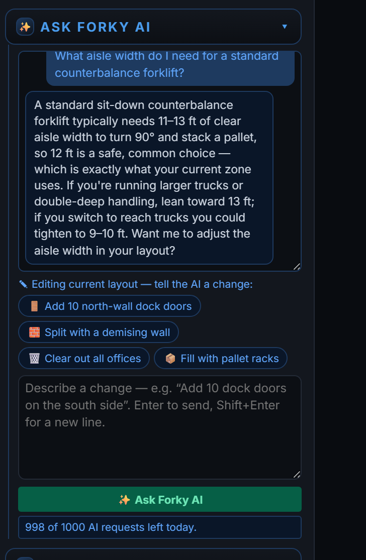 The Ask Forky AI chat panel in RackCity: a question about aisle width for a counterbalance forklift and Forky's conversational answer, above quick-action chips and the message input