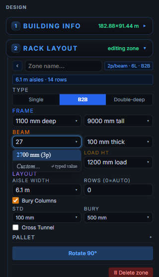 The RackCity rack layout panel in Metric mode — 1100 mm deep frames, 9000 mm tall, a 6.1 m aisle — with the Beam length dropdown open and the text 27 typed, filtering the catalog to the single row 2700 mm (3p)