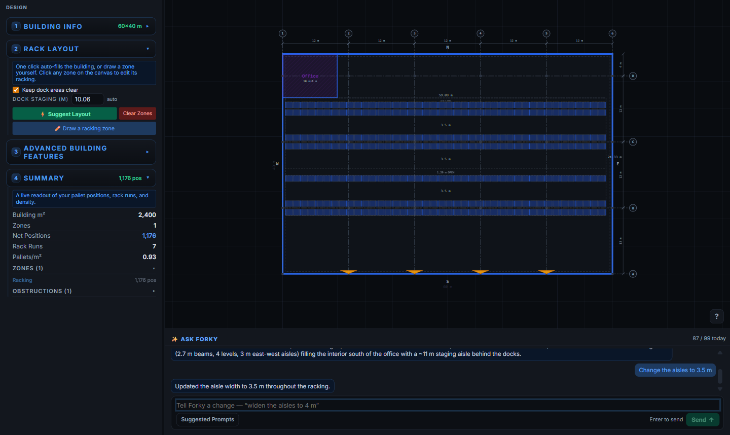 A 60 × 40 m warehouse designed from a metric prompt in RackCity: an office in the north-west corner, four dock doors on the south wall, seven back-to-back rack runs with every aisle labelled 3.5 m and one narrow band labelled 1.29 m OPEN, with Forky's reply 'Updated the aisle width to 3.5 m throughout the racking' in the dock below