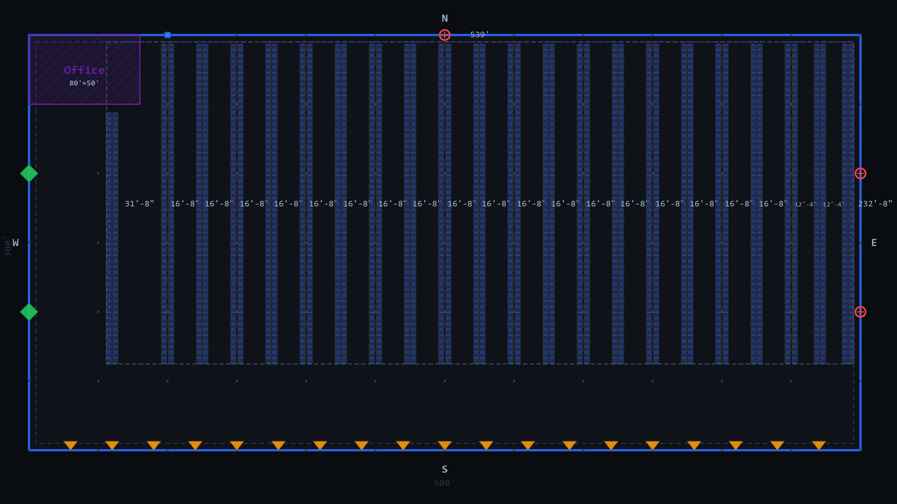A RackCity canvas showing a 600 by 300 ft warehouse filled with back-to-back pallet rack rows, an office in the corner, dock doors along the south wall, and aisle-width dimensions labeled between the rows