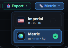 The RackCity units dropdown open on the toolbar, showing an Imperial row (ft · in · lb) with a US flag and a Metric row (m · mm · kg) with a globe, the Metric row selected with a green check
