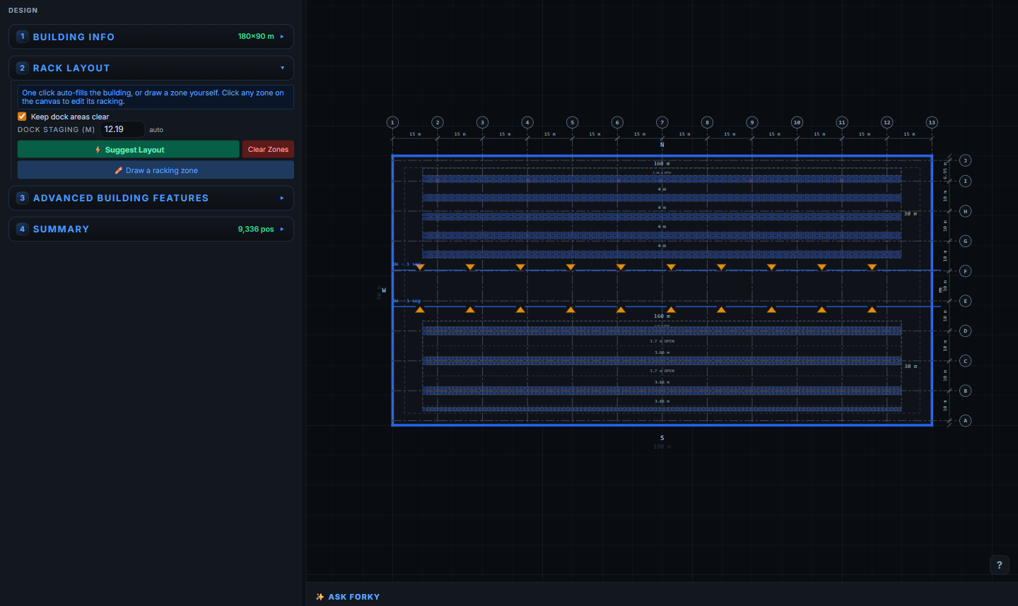 The RackCity workspace with the Ask Forky dock collapsed to a single header strip at the bottom, giving the full height of the canvas to a 180 × 90 m two-zone warehouse drawing on the graph-paper backdrop