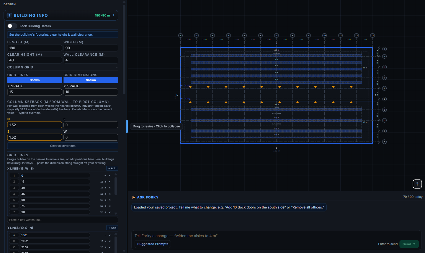 The RackCity workspace with the left panel widened to show the full Building Info section — metric dimensions, the column grid controls and the per-axis grid line editor — beside a two-zone metric warehouse with dock doors on both sides of a central drive, and a 'Drag to resize · Click to collapse' tooltip on the panel edge