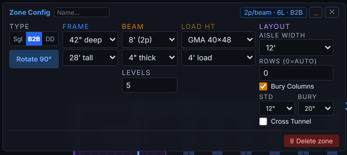 RackCity's Zone Config panel showing rack type, frame depth and height, beam length, load height, beam levels, aisle width, a Bury Columns toggle, and a Cross Tunnel toggle