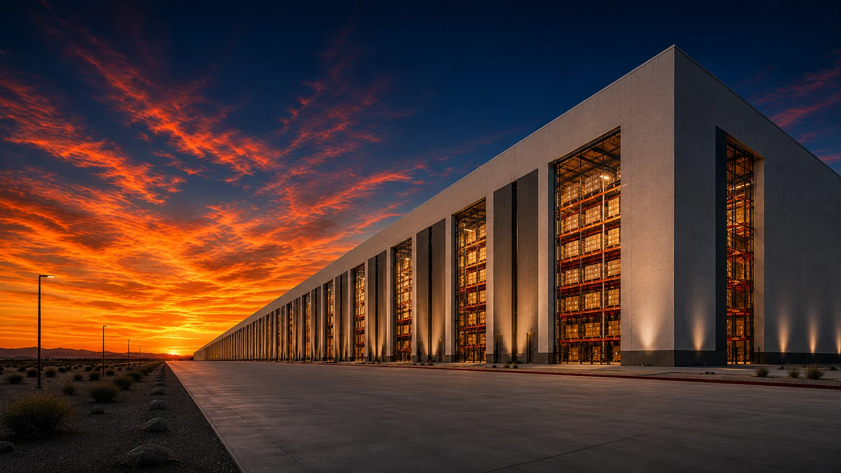 RackCity rack skyline at dusk — a warehouse full of illuminated pallet racking towers