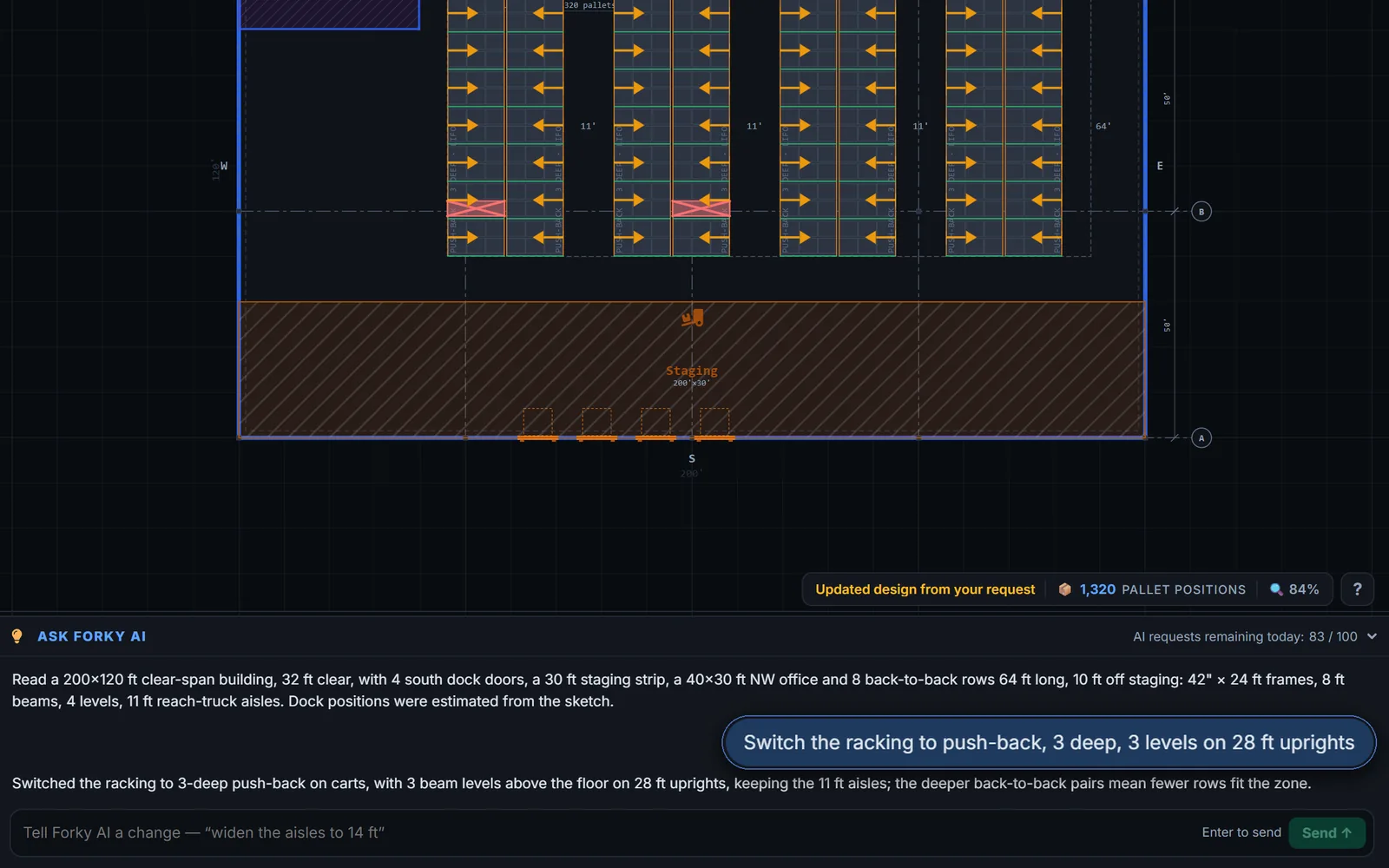 A Forky AI chat in RackCity AI: the request to switch the racking to push-back, 3 deep, with 3 beam levels on 28 ft uprights, under the redrawn plan