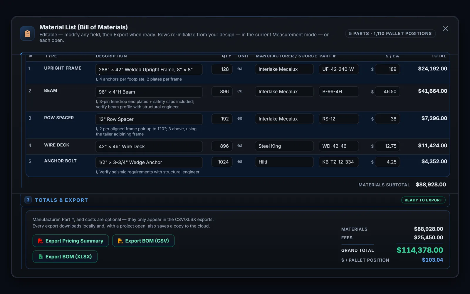The Material List in RackCity AI: five line items with quantities, part numbers and prices, project fees, and a grand total with the cost per pallet position