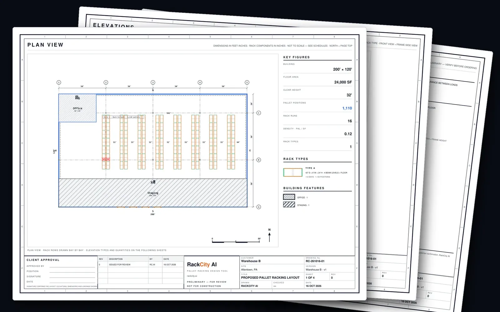 The exported RackCity AI drawing set: the plan view sheet with its title block, fanned over the elevation and schedule sheets