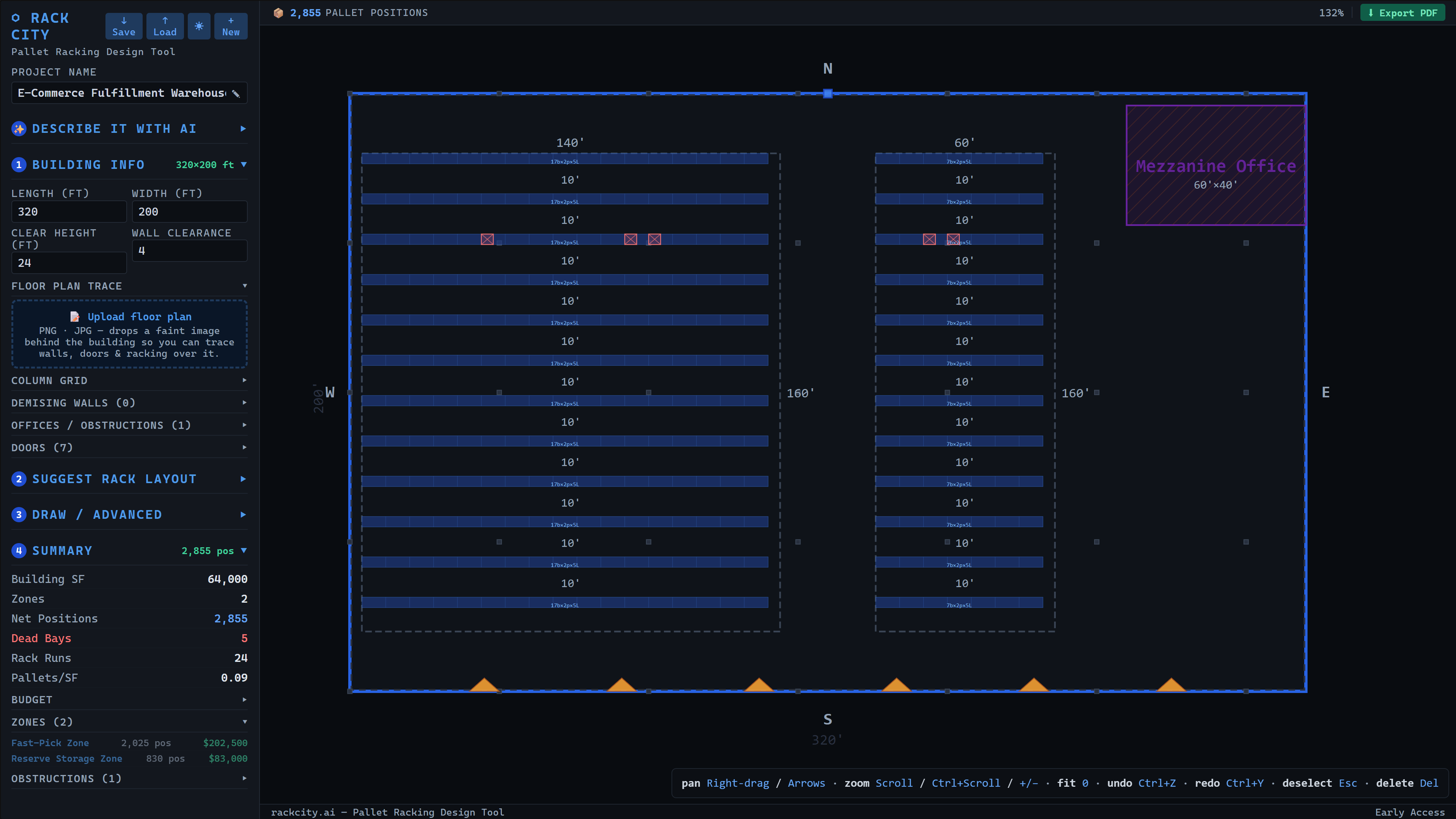 RackCity app screenshot: AI chat panel and a live warehouse rack layout with pallet position count