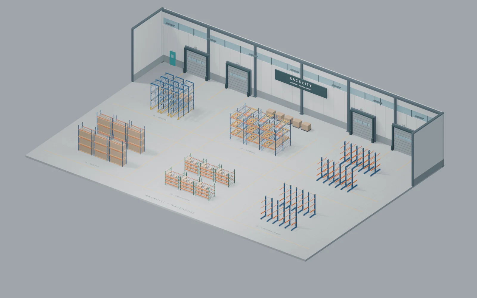Open warehouse with six marked zones containing selective, carton flow, drive-in, pushback and cantilever racks.