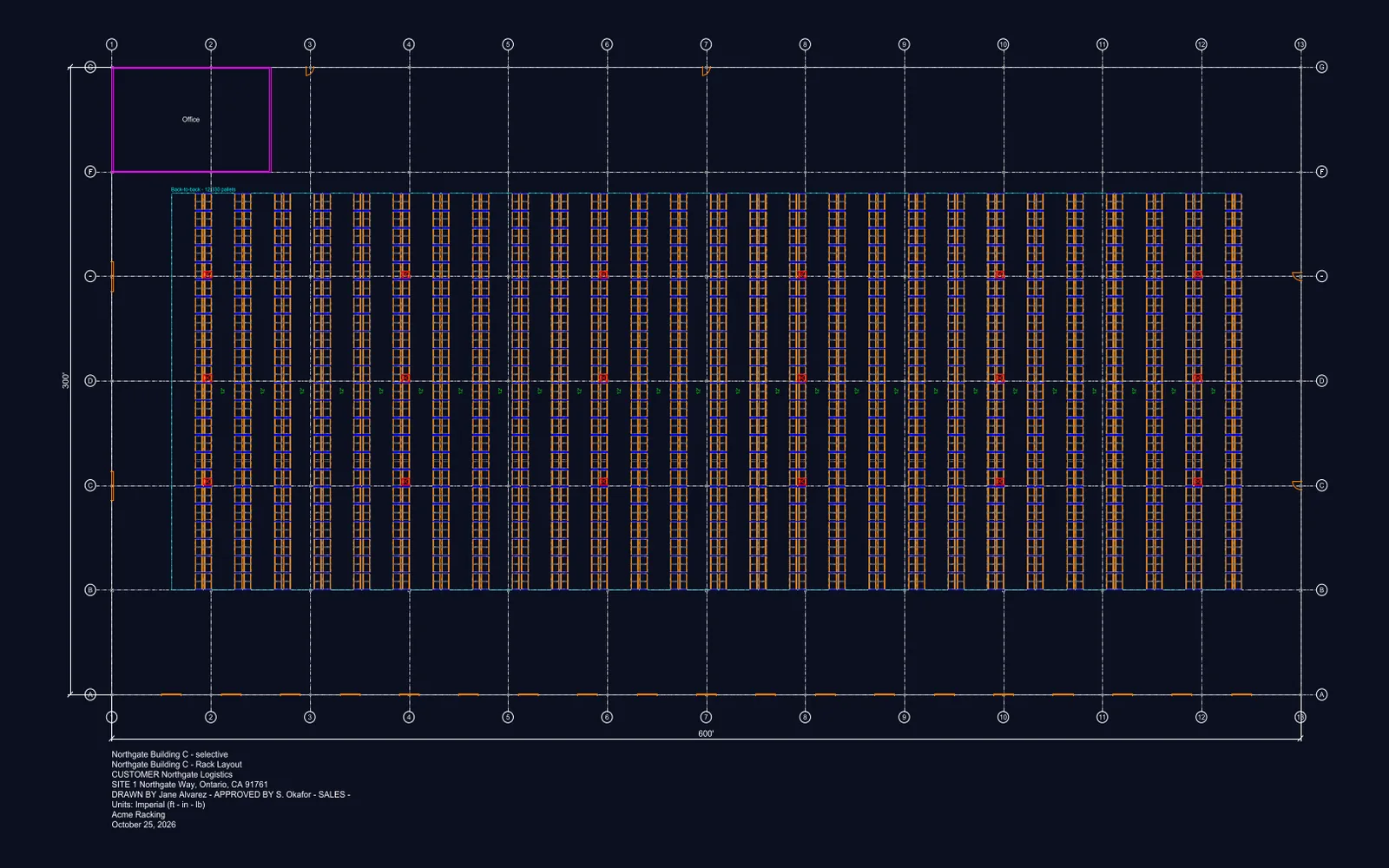 The Layout DXF exported from RackCity AI opened in a CAD viewer: the building outline, the column grid bubbles, the rack rows in orange, the doors and the title block lines on a dark drawing background