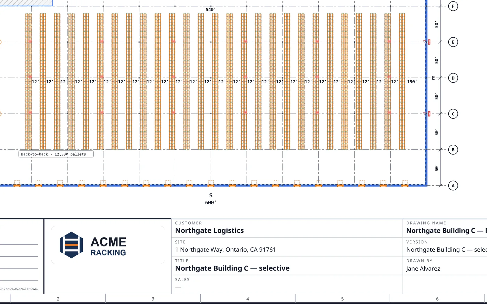 A RackCity AI Layout PDF plan sheet for Acme Racking: the racked plan over the title block with the team's logo, the customer Northgate Logistics, the site and the drawing title