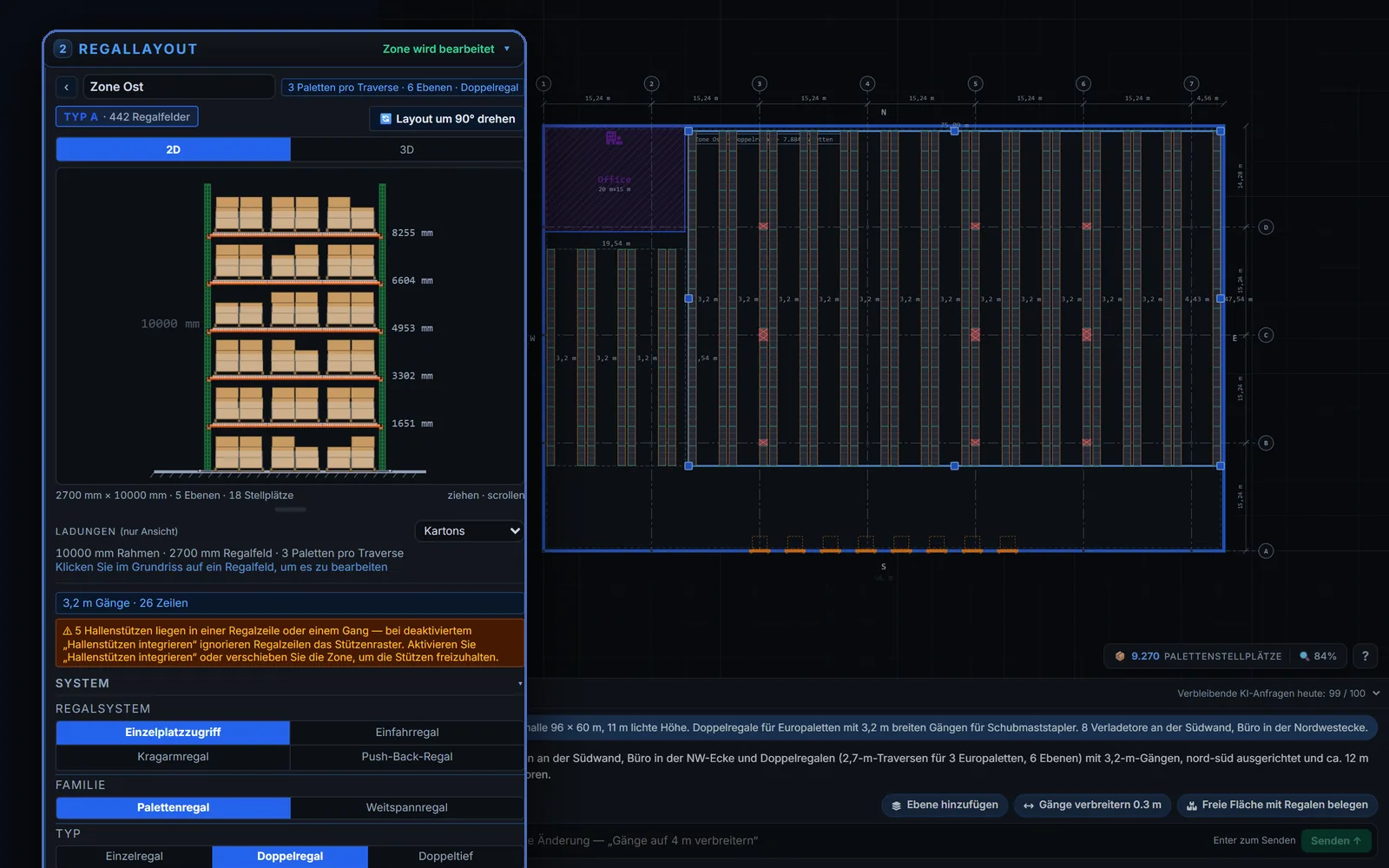 RackCity AI in German: the rack layout sidebar with a zone's elevation in millimetres and its rack system settings, beside the plan of a 96 by 60 m warehouse in Germany