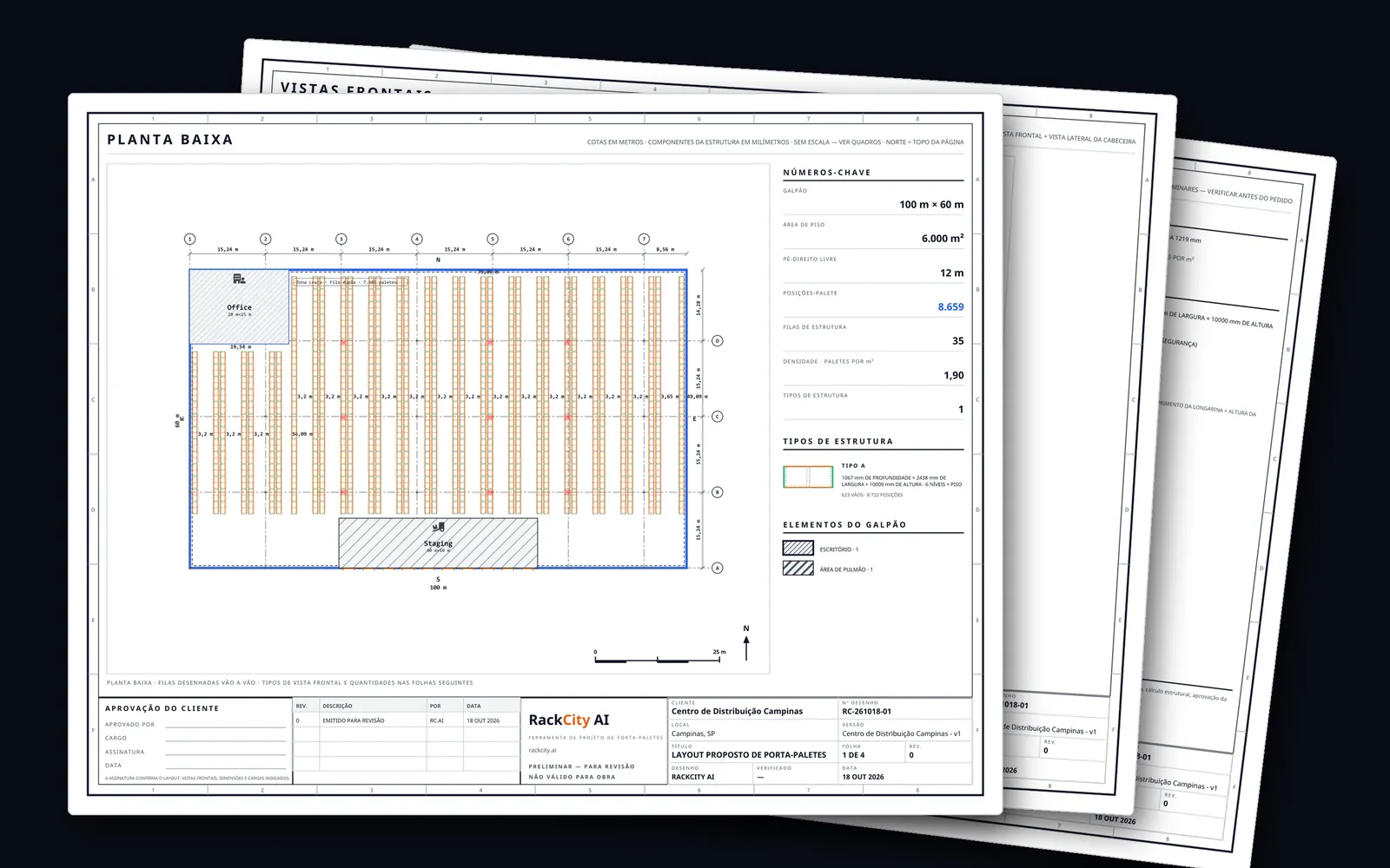 A RackCity AI Layout PDF for Brazil printed in Brazilian Portuguese: the plan sheet of a 100 by 60 m warehouse with its title block, fanned over the elevation and schedule sheets