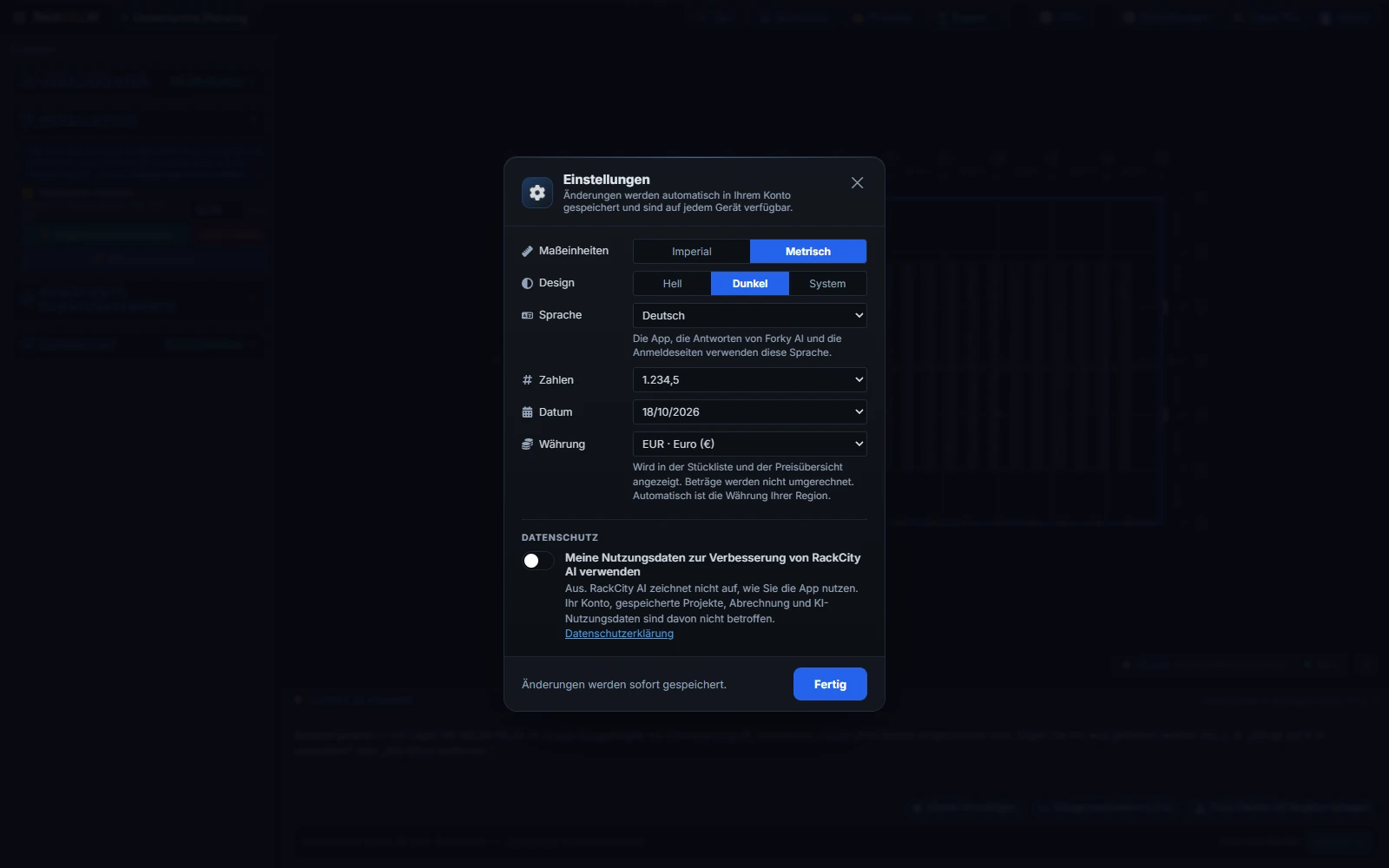 The RackCity AI Preferences window in German: units, language, number format, date format and currency, saved to the account