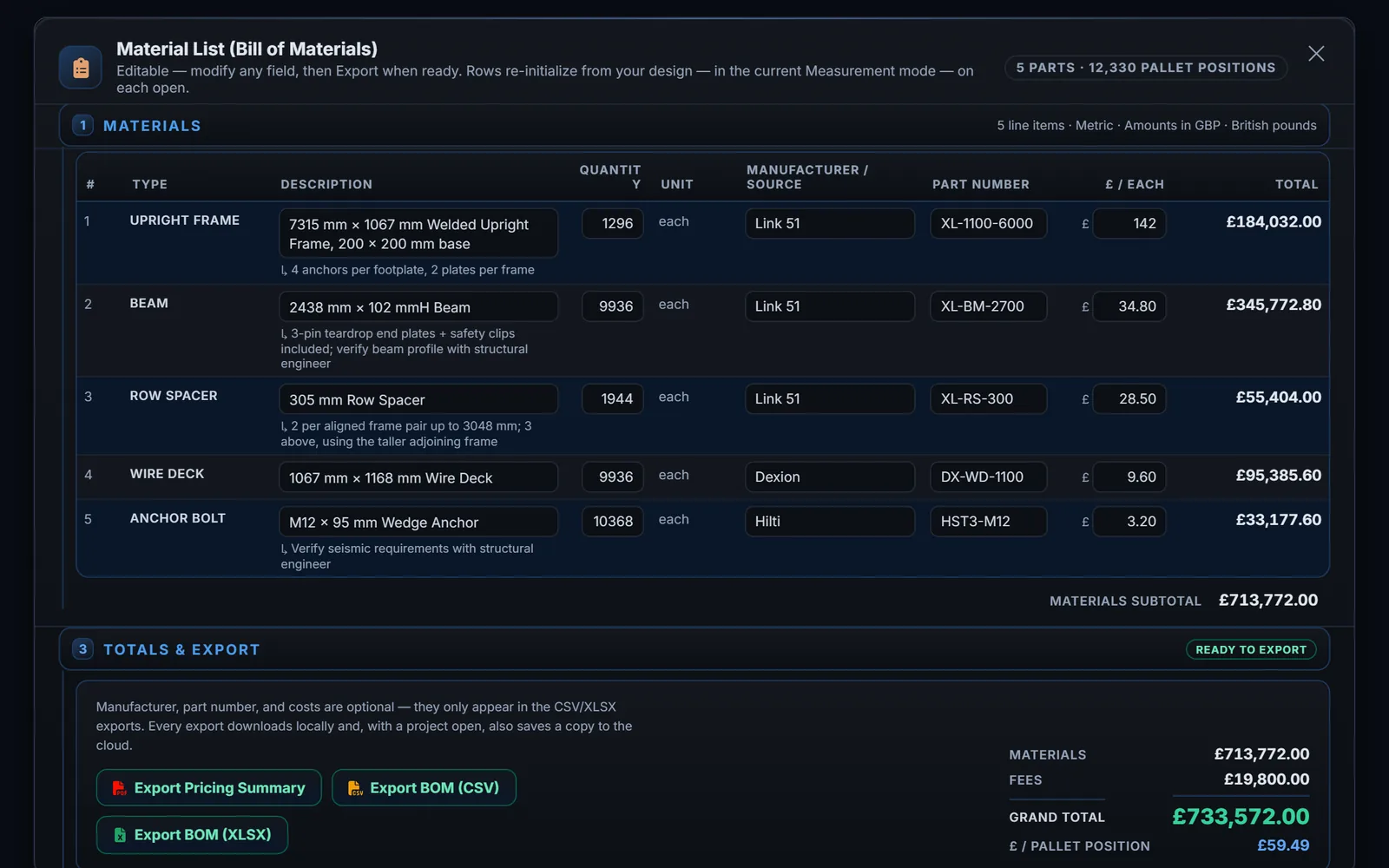 The RackCity AI Material List for the United Kingdom: five metric line items with makers, part numbers and unit costs in pounds sterling, and a grand total in GBP