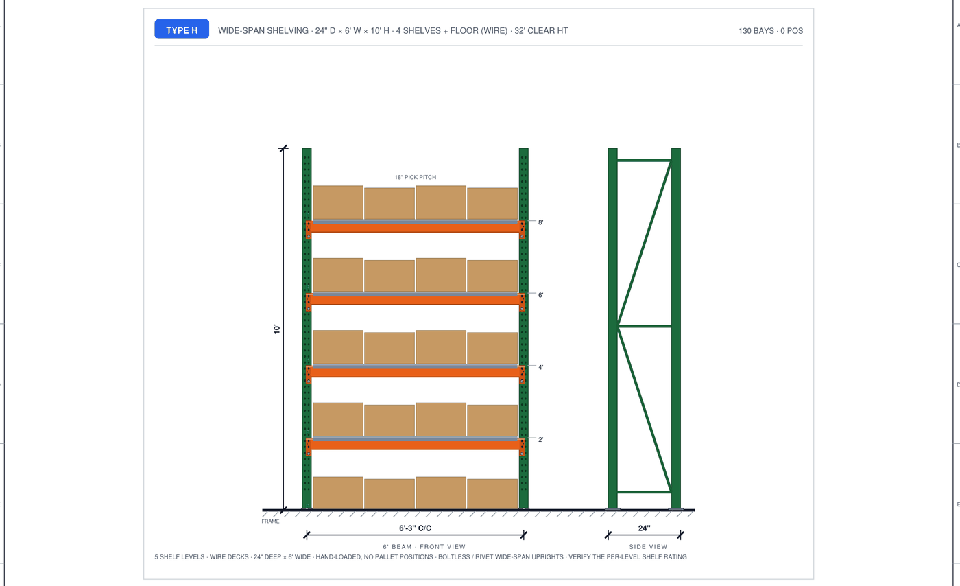 RackCity elevation of a wide-span shelving bay: 24 inch deep, 6 ft wide, 10 ft high, four wire-decked shelves plus the floor, cartons on every shelf, and the frame side view