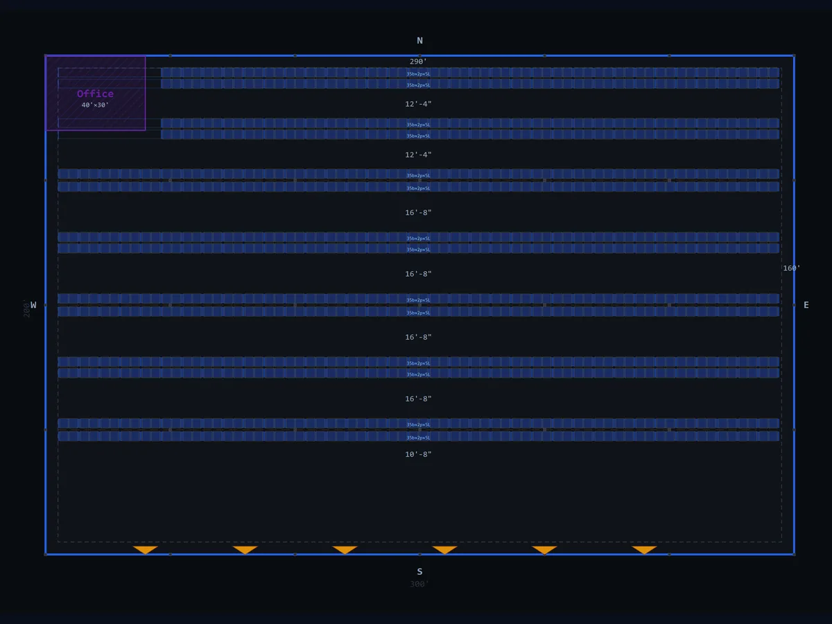 Ecommerce fulfillment warehouse rack layout in RackCity — selective racks with a front office and dock doors