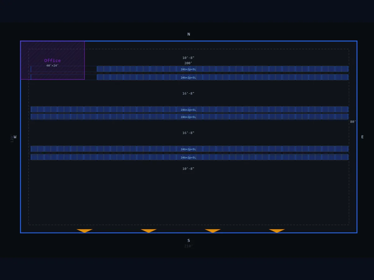 Small 3PL fulfillment warehouse layout generated in RackCity — back-to-back selective racks with a front office and dock doors