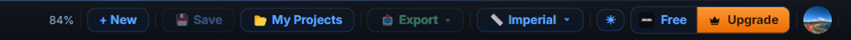 The right half of the RackCity toolbar: the New, Save, My Projects and Export buttons, the Imperial units dropdown, the theme toggle, then a Free plan chip with an orange Upgrade button beside it and the account avatar